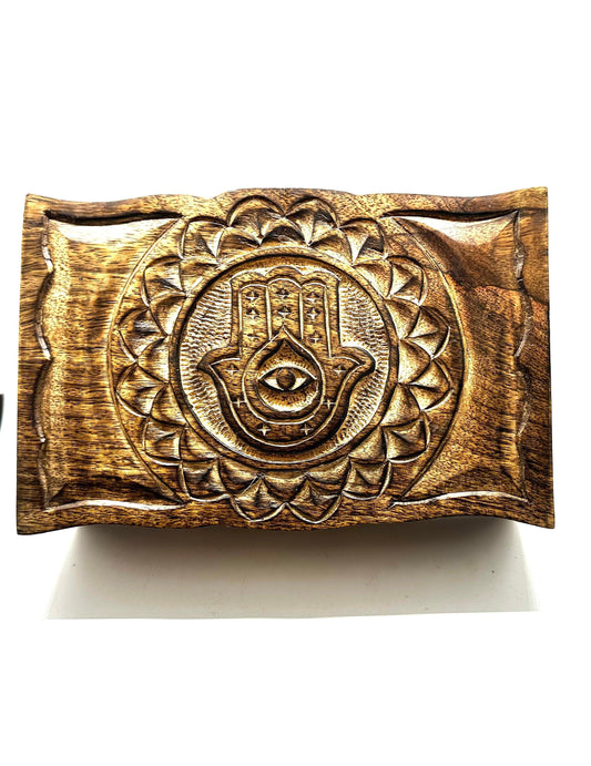 Hand Carved Hamsa Large Wooden Box