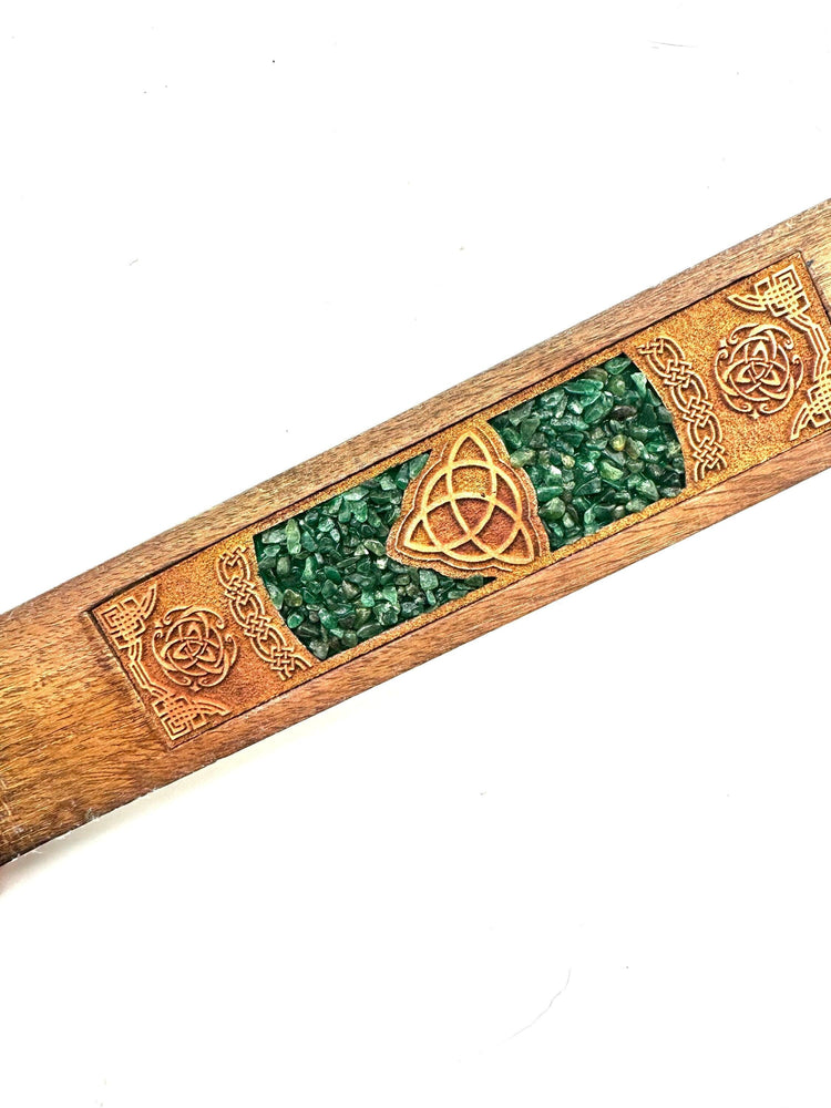 Laser Etched Wood Incense Holder - Triquetra w/ Green Aventurine Inlay