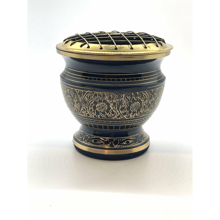 Dark Slate Gray Carved Brass Screen Charcoal Burner with Coaster