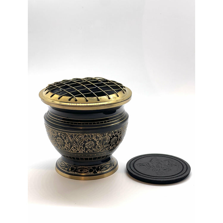 Dark Slate Gray Carved Brass Screen Charcoal Burner with Coaster