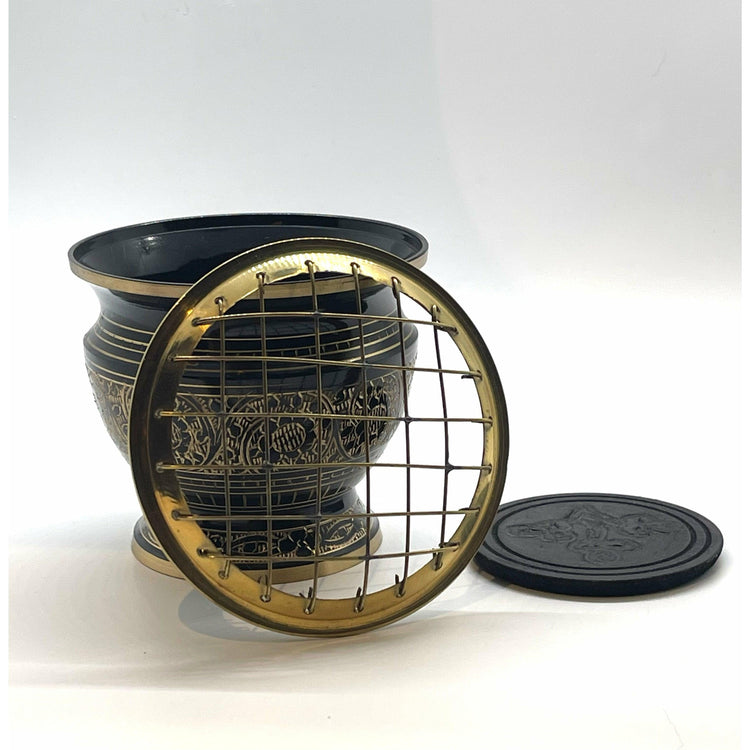 Dark Slate Gray Carved Brass Screen Charcoal Burner with Coaster