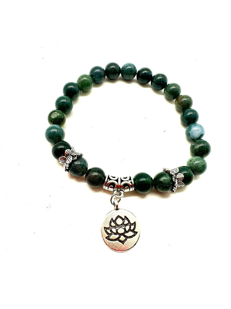 Bracelet: Green Moss Agate with lotus charm
