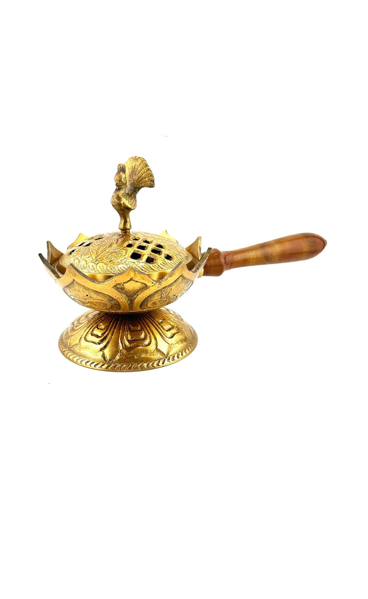 Peacock & Lotus Brass Censer Burner with Handle - 9.5"L, 5"H,