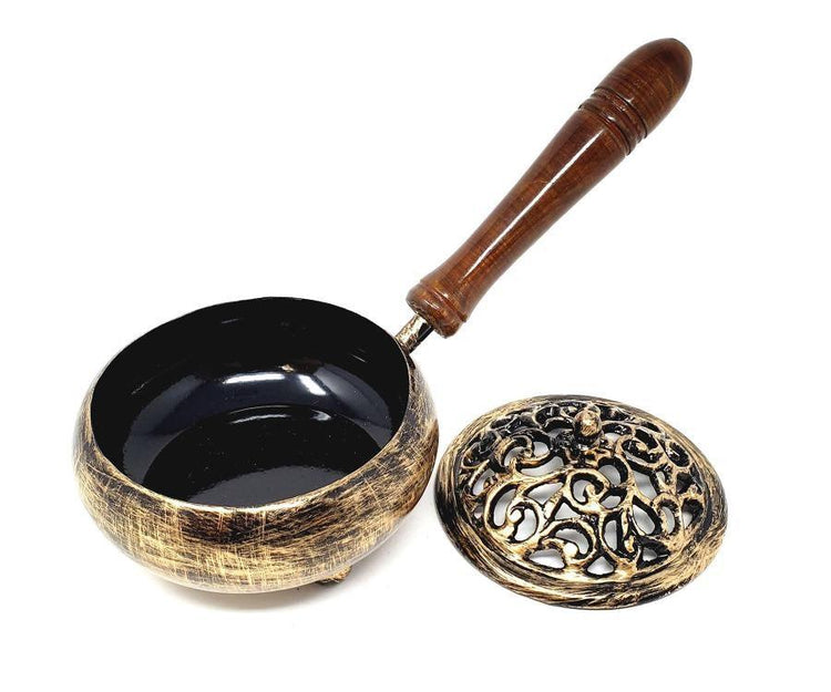 Golden Finish Iron Charcoal Burner with Lid & wood Handle 9"