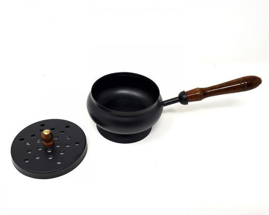 Iron Charcoal Burner with Lid & wood Handle 9"