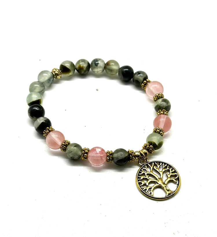 Bracelet: Prehnite Cherry Quartz Bracelet With Tree Of Life Charm