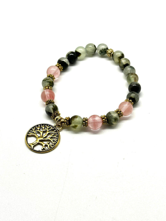 Bracelet: Prehnite Cherry Quartz Bracelet With Tree Of Life Charm