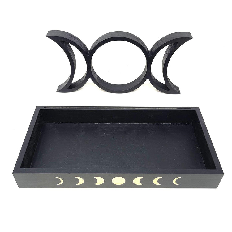 Wooden Triple Moon & Moon Phase Tarot Card Tray Holder 12"Lx6"Wx1.5"H