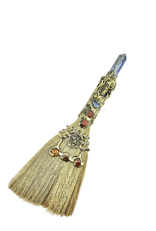 Gemstone Wicca Broom 13in - Lapis w/ Gold Spider