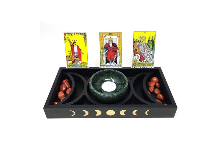 Wooden Triple Moon & Moon Phase Tarot Card Tray Holder 12"Lx6"Wx1.5"H