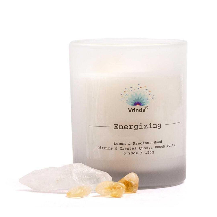 Energizing Scented glass candle with Crystals, Soy Blend