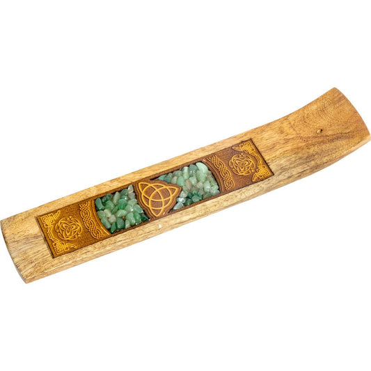 Laser Etched Wood Incense Holder - Triquetra w/ Green Aventurine Inlay