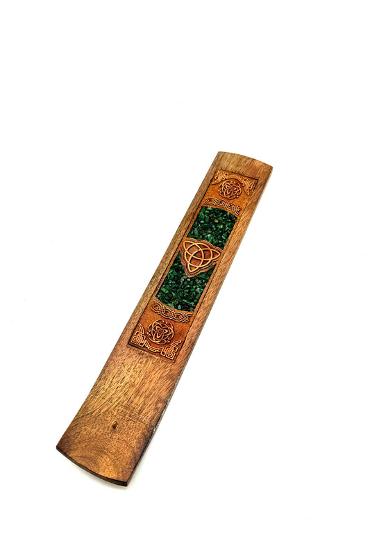 Laser Etched Wood Incense Holder - Triquetra w/ Green Aventurine Inlay