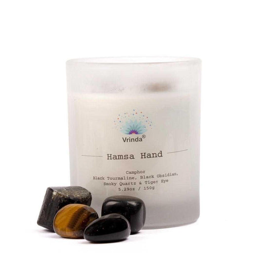 Hamsa Hand Scented glass candle with Crystals, Soy Blend