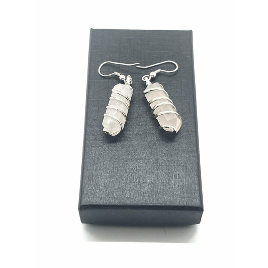 Dim Gray Earrings: Rose Quartz Wrapped in Silver