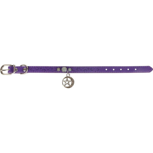 Pet Collar *Different Sizes*: Purple vegan leather, Crescent Moon w/ Pentacle & Triple Moonstones