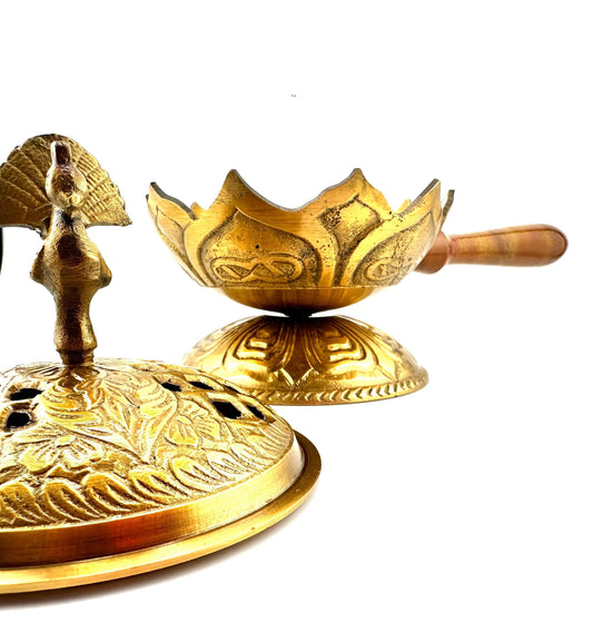 Peacock & Lotus Brass Censer Burner with Handle - 9.5"L, 5"H,