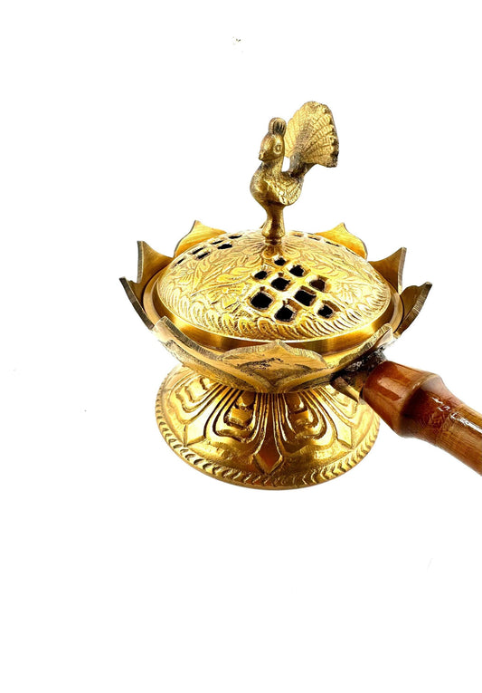 Peacock & Lotus Brass Censer Burner with Handle - 9.5"L, 5"H,