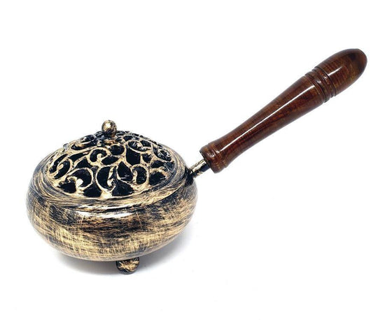 Golden Finish Iron Charcoal Burner with Lid & wood Handle 9