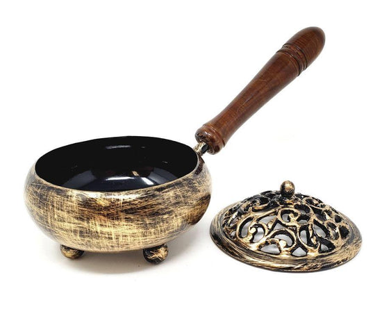 Golden Finish Iron Charcoal Burner with Lid & wood Handle 9